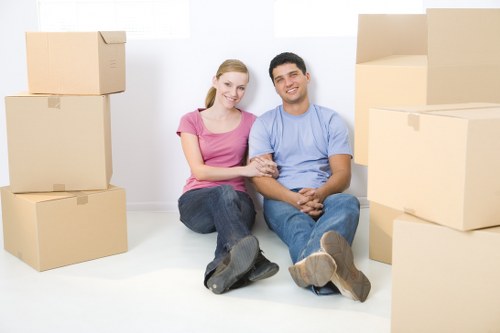 Apartment move-in scene with boxes in a new flat